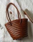 Handwoven Leather Bucket Bag - Brown