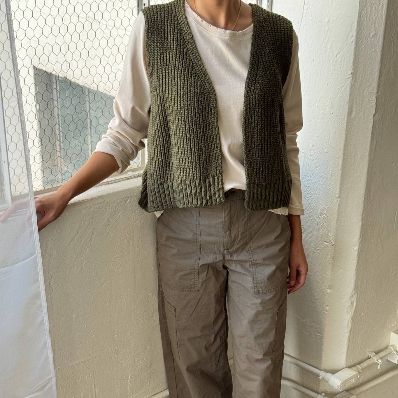 Granny Cotton Sweater Vest Olive Green