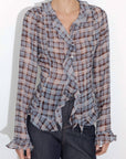 Semi-Sheer Ruffle Trim Check Shirt: Blue