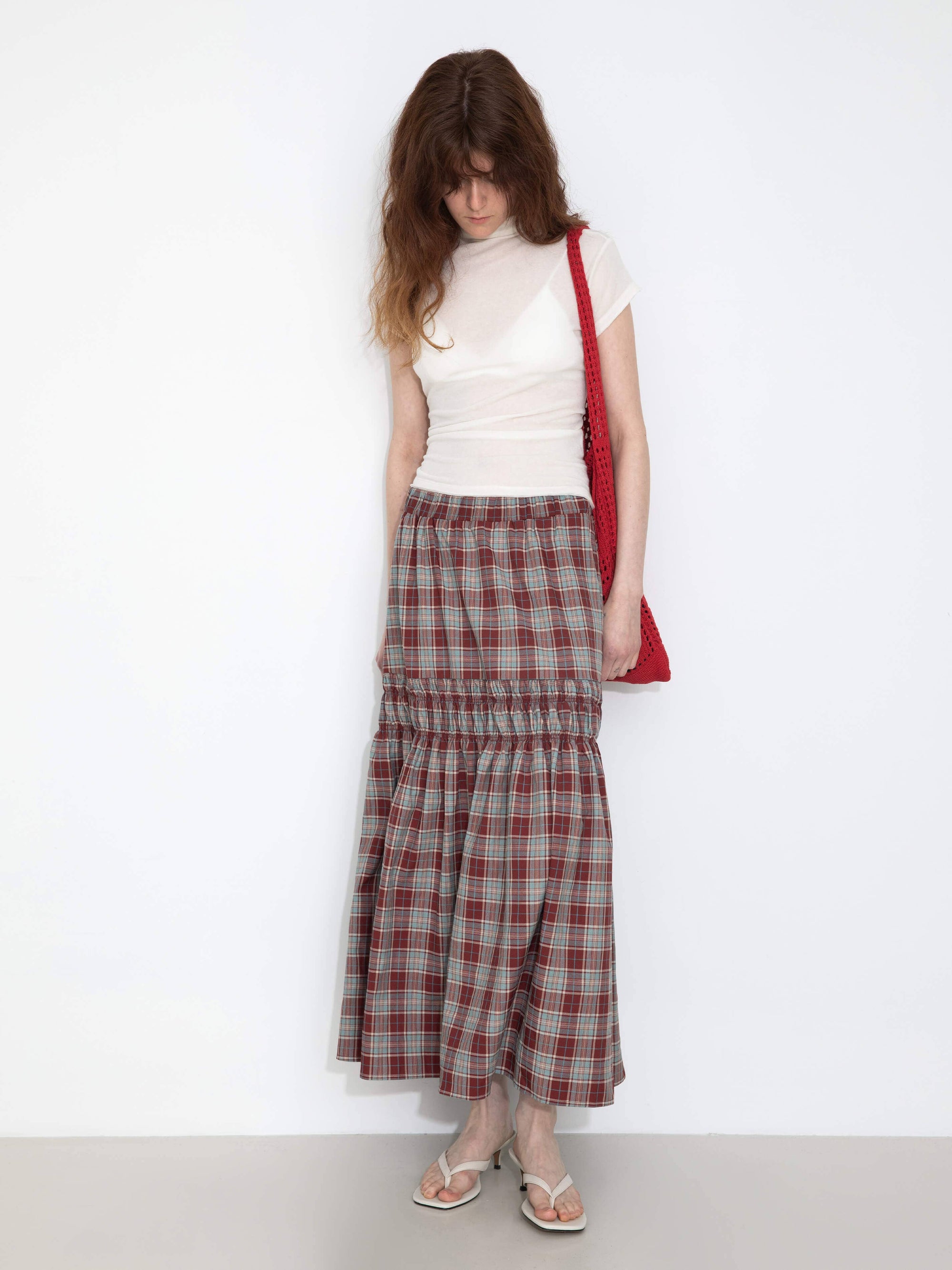 Elastic Drawstring High Waist Checked Skirt: Maroon