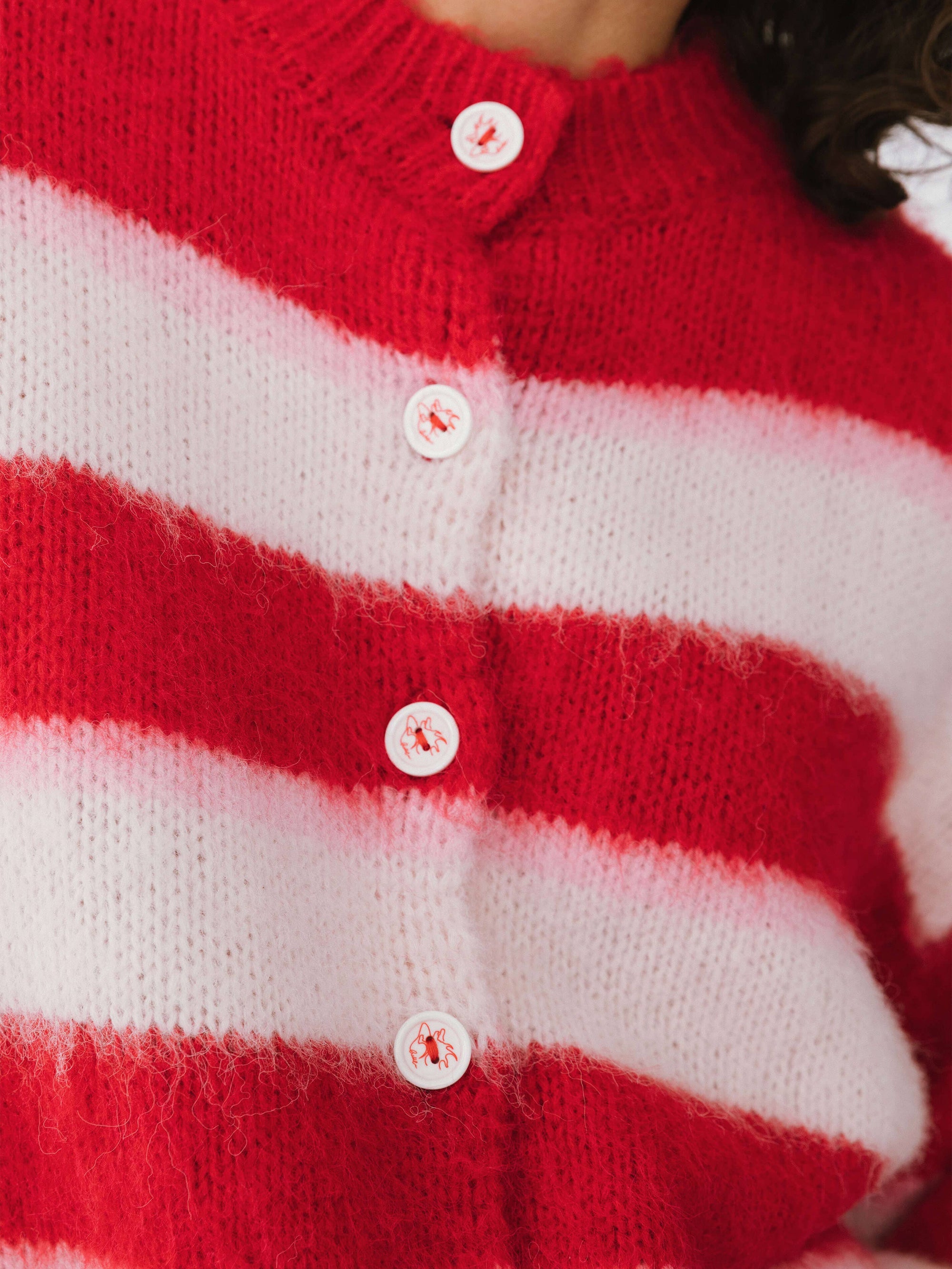 Striped Colour Block Wool Knit Cardigan With Scarf: Red stripe
