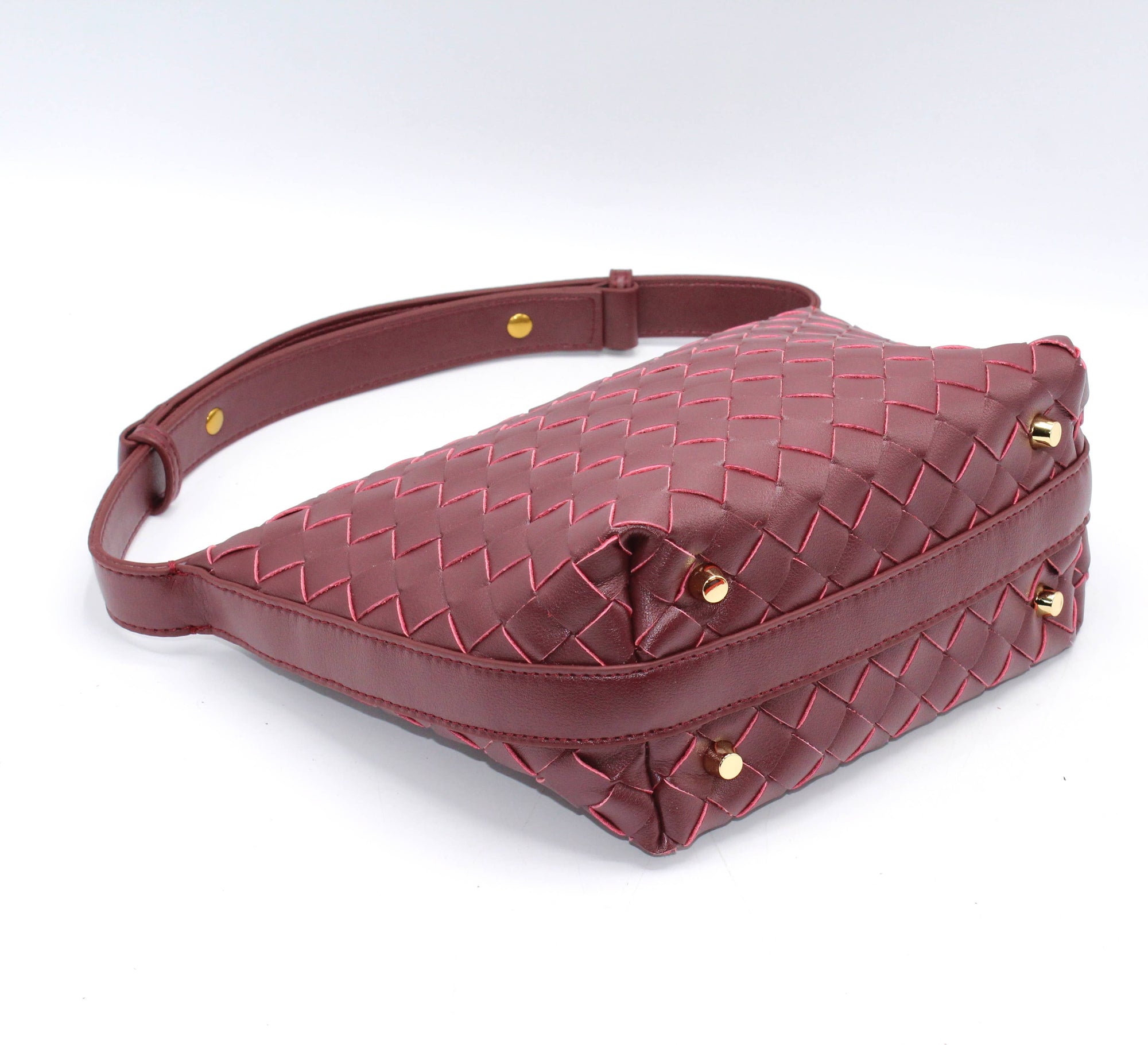Leather Woven Boxed Pouch Bag: Burgundy