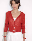 V-Neck Knit Cardigan with Ruffled Long Sleeves: Red