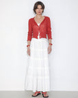 V-Neck Knit Cardigan with Ruffled Long Sleeves: Red