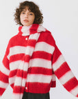 Striped Colour Block Wool Knit Cardigan With Scarf: Red stripe