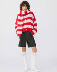 Striped Colour Block Wool Knit Cardigan With Scarf: Red stripe