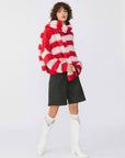Striped Colour Block Wool Knit Cardigan With Scarf: Red stripe
