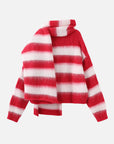 Striped Colour Block Wool Knit Cardigan With Scarf: Red stripe