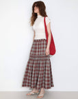 Elastic Drawstring High Waist Checked Skirt: Maroon