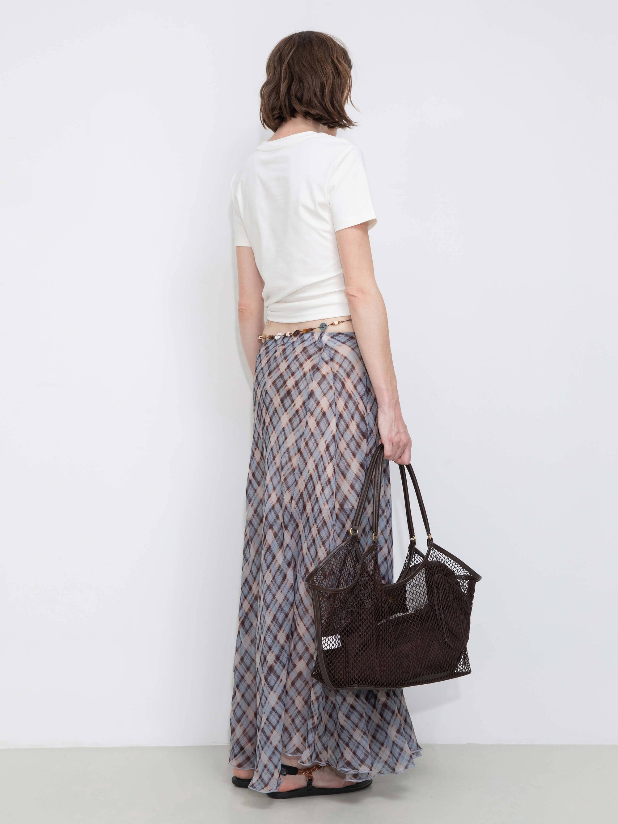 Asymmetrical Flowy Check Maxi Skirt: Blue