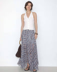 Asymmetrical Flowy Check Maxi Skirt: Blue