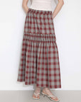 Elastic Drawstring High Waist Checked Skirt: Maroon