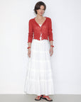 V-Neck Knit Cardigan with Ruffled Long Sleeves: Red