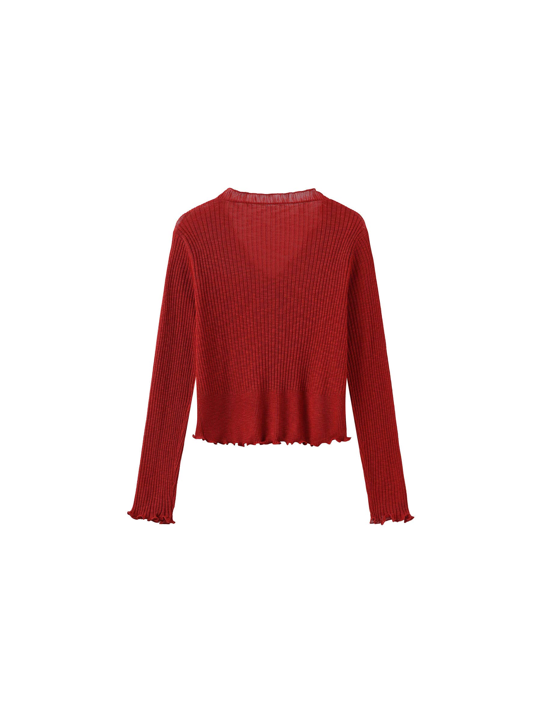 V-Neck Knit Cardigan with Ruffled Long Sleeves: Red