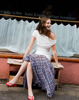 Asymmetrical Flowy Check Maxi Skirt: Blue