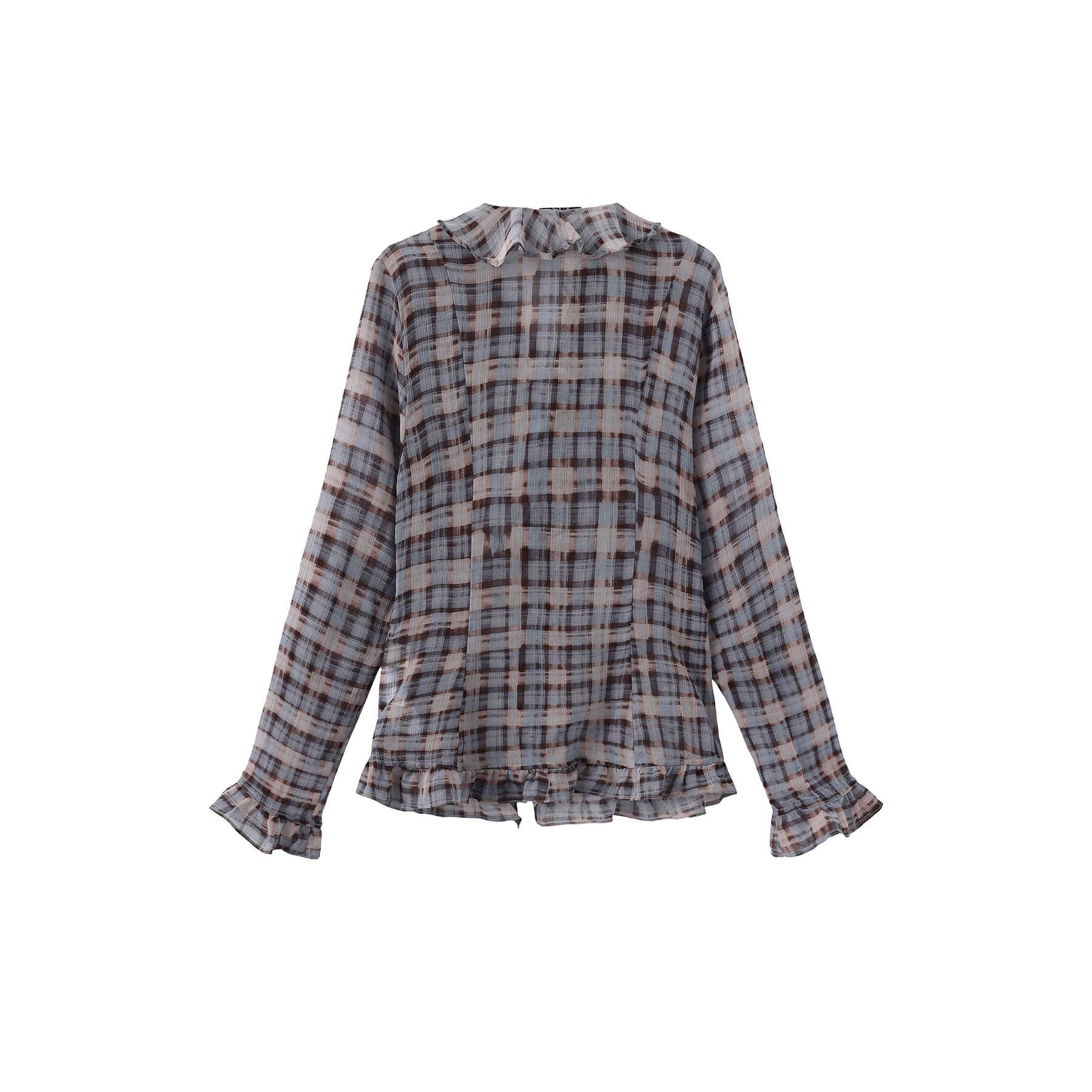 Semi-Sheer Ruffle Trim Check Shirt: Blue