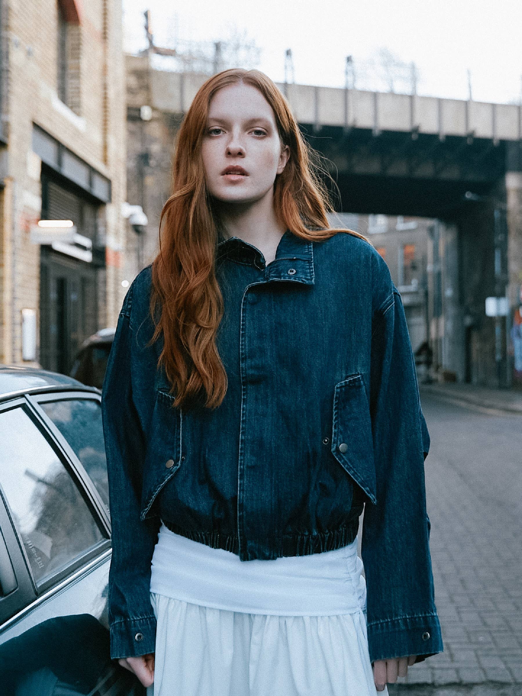 Funnel Neck Denim Jacket: SteelBlue