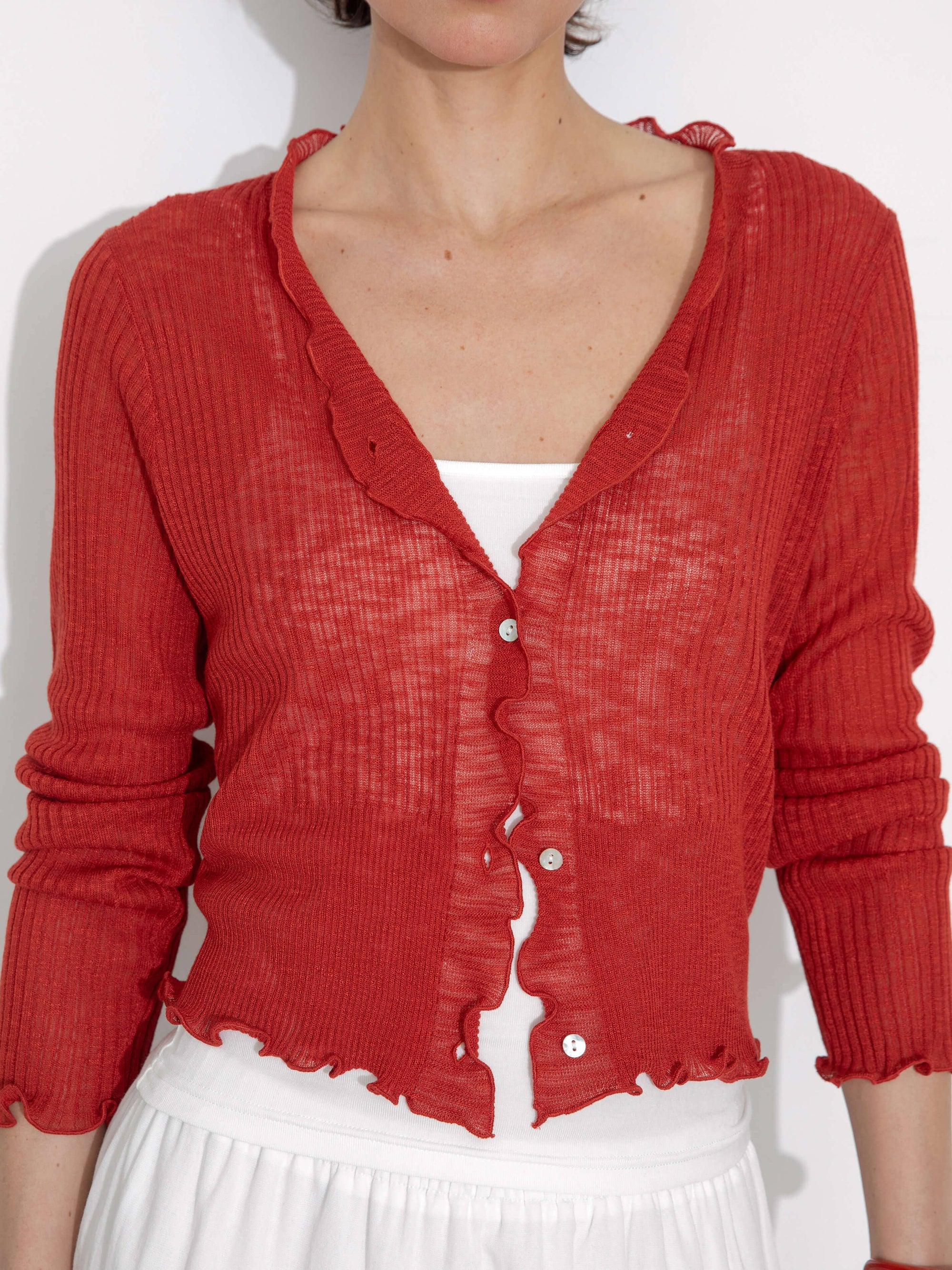 V-Neck Knit Cardigan with Ruffled Long Sleeves: Red
