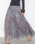 Asymmetrical Flowy Check Maxi Skirt: Blue