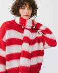 Striped Colour Block Wool Knit Cardigan With Scarf: Red stripe