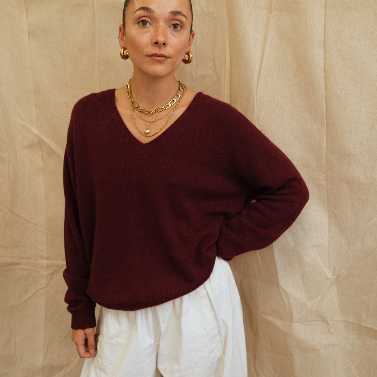 Maeve V-Neck Knit  - Burgundy
