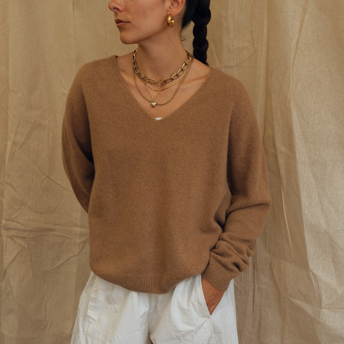 Maeve V-Neck Knit  - Tan