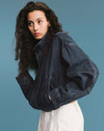 Funnel Neck Denim Jacket: SteelBlue