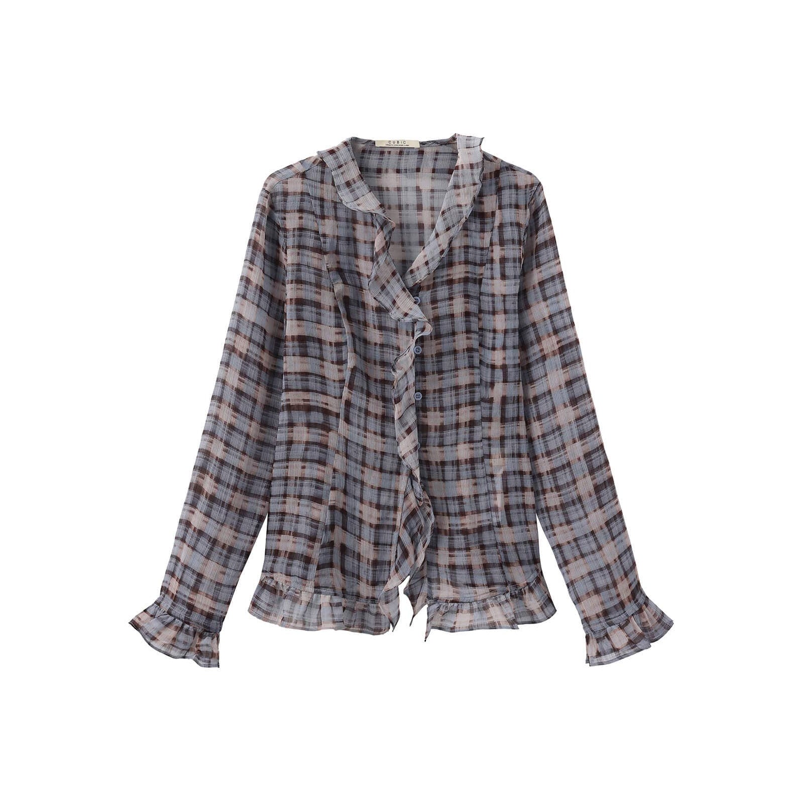 Semi-Sheer Ruffle Trim Check Shirt: Blue