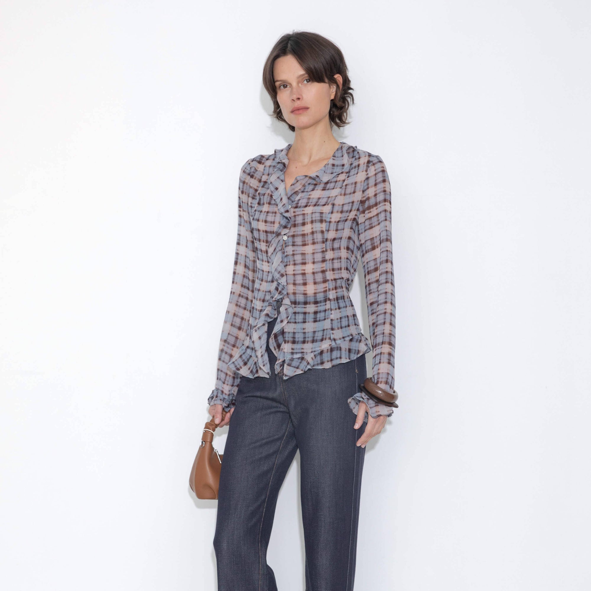 Semi-Sheer Ruffle Trim Check Shirt: Blue