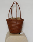 Handwoven Leather Bucket Bag - Brown