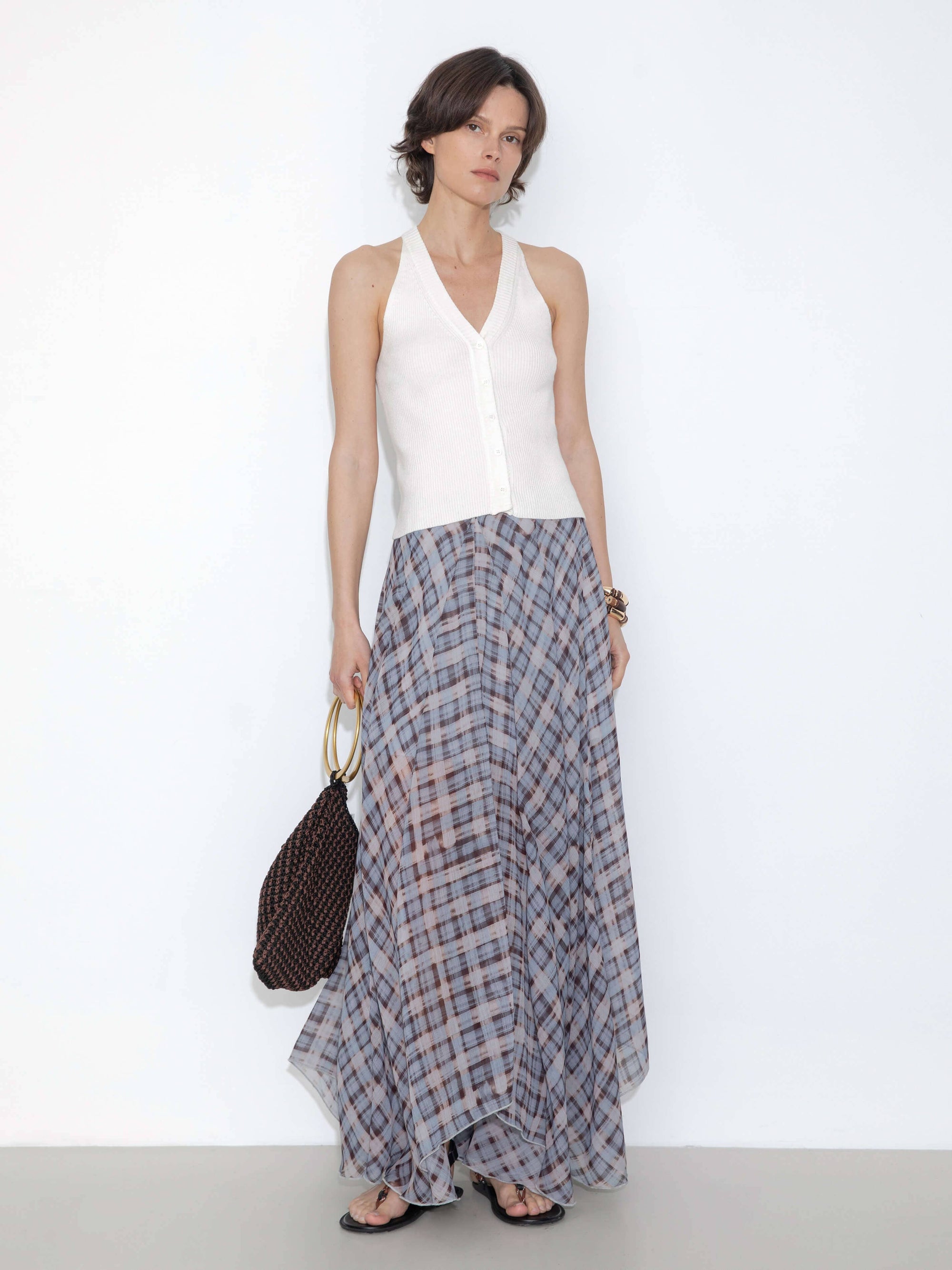 Asymmetrical Flowy Check Maxi Skirt: Blue