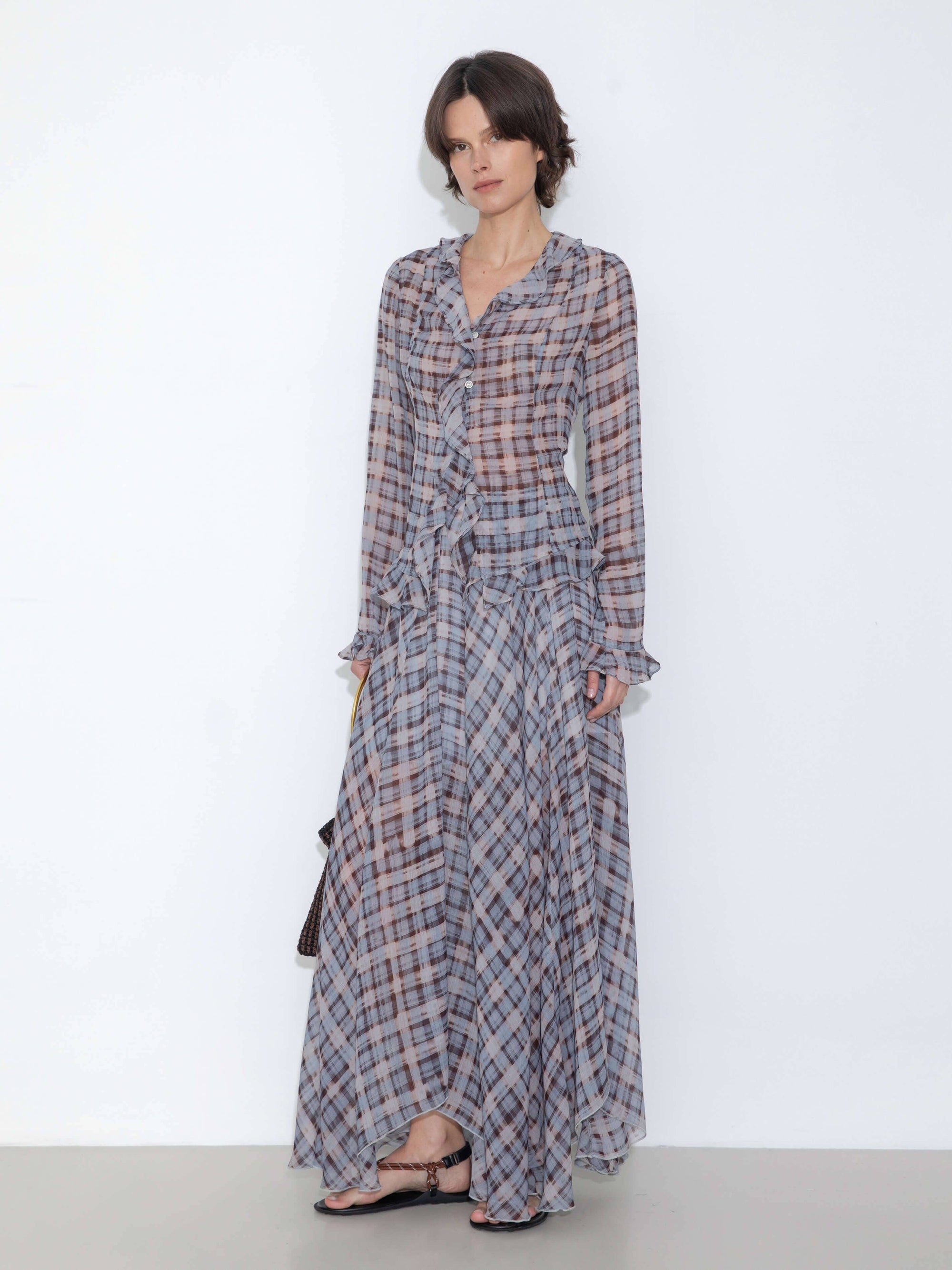 Asymmetrical Flowy Check Maxi Skirt: Blue