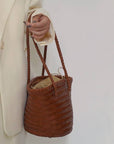 Handwoven Leather Bucket Bag - Brown