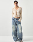 CUBIC Cotton Crochet Lace Trim Cropped Cardigan