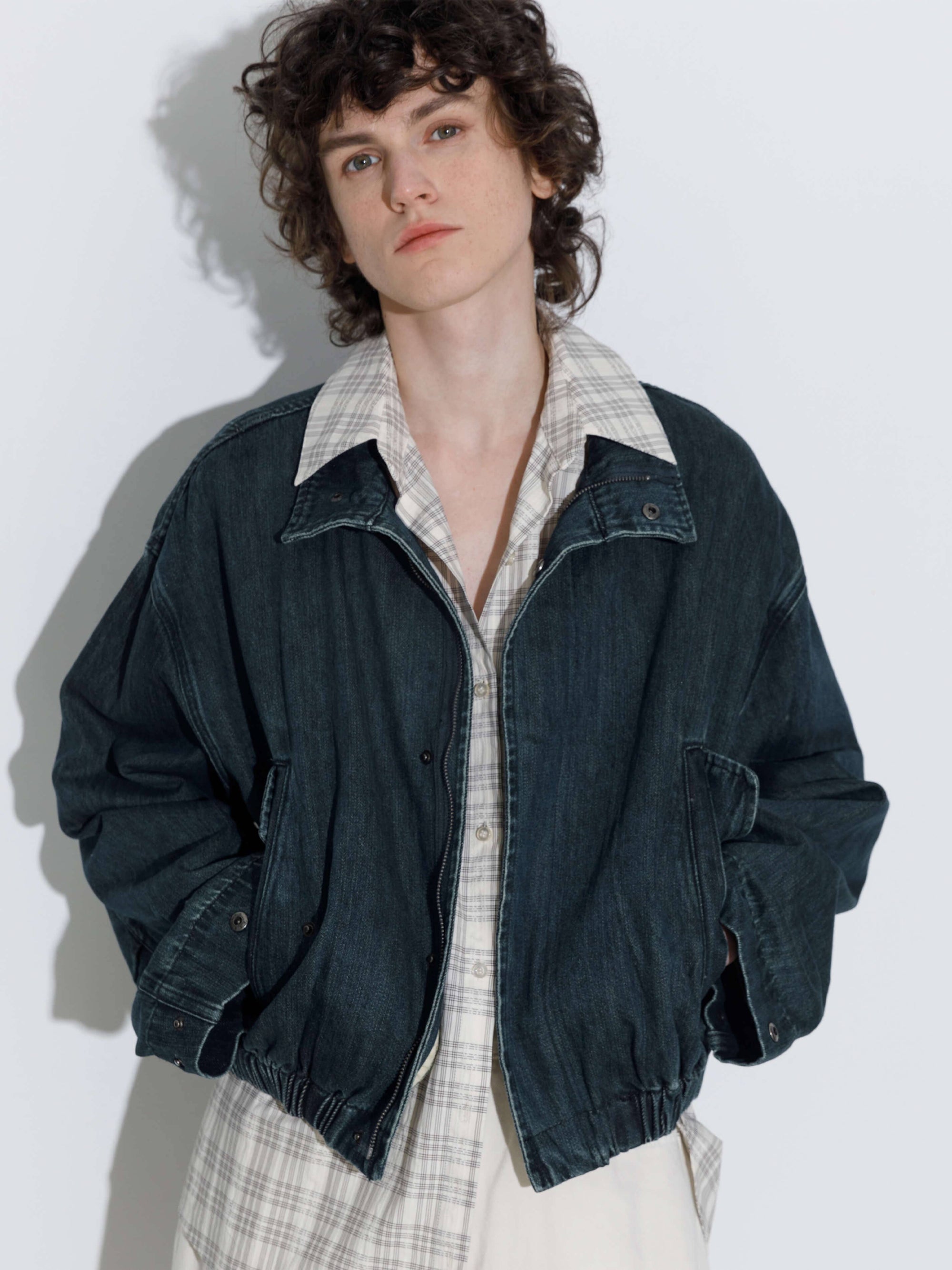 Funnel Neck Denim Jacket: SteelBlue