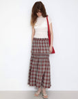 Elastic Drawstring High Waist Checked Skirt: Maroon