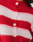 Striped Colour Block Wool Knit Cardigan With Scarf: Red stripe
