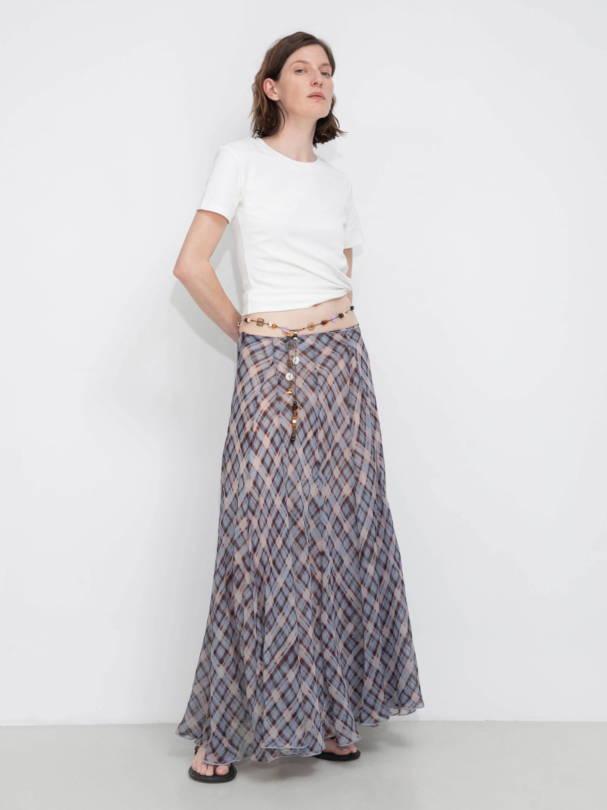 Asymmetrical Flowy Check Maxi Skirt: Blue